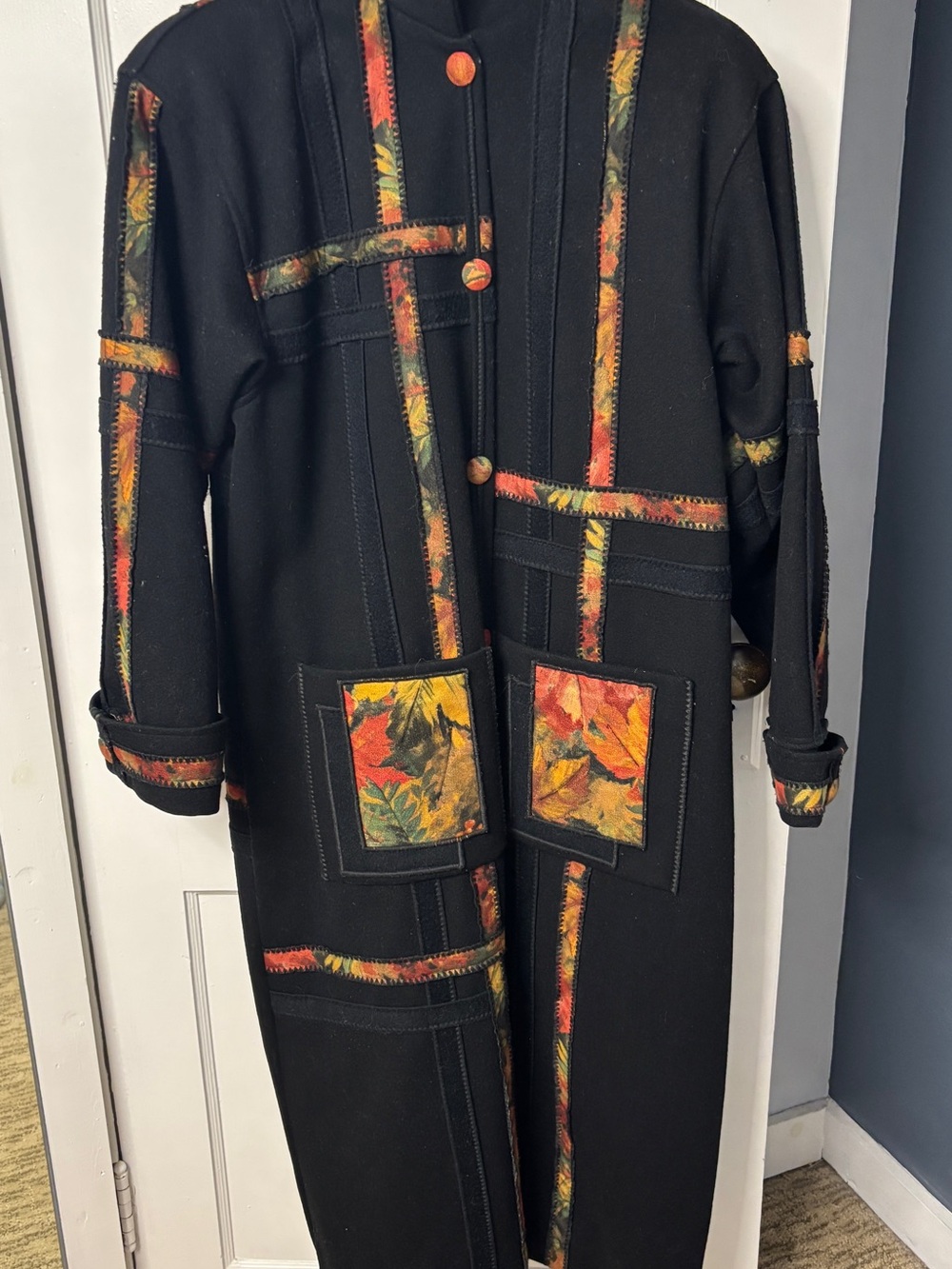 Vintage 90s Coloratura 100% Wool Long Coat Black Floral Tapestry Wearable Art